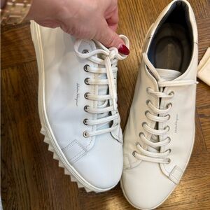 Salvatore Ferragamo Cream Leather Lace-Up Sneakers